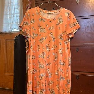 A cute spring dress, Orange and blue, yellow, and green flowers